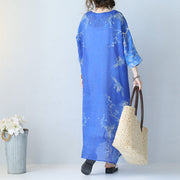 Fine blue prints long linen dress trendy plus size v neck gown Fine bracelet sleeved kaftans