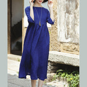 Fine blue silk linen dress plus size O neck baggy dresses New Half sleeve large hem silk linen dresses