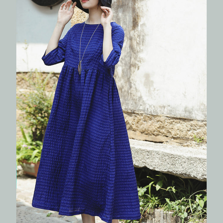 Fine blue silk linen dress plus size O neck baggy dresses New Half sleeve large hem silk linen dresses