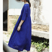 Fine blue silk linen dress plus size O neck baggy dresses New Half sleeve large hem silk linen dresses