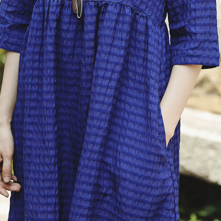 Fine blue silk linen dress plus size O neck baggy dresses New Half sleeve large hem silk linen dresses