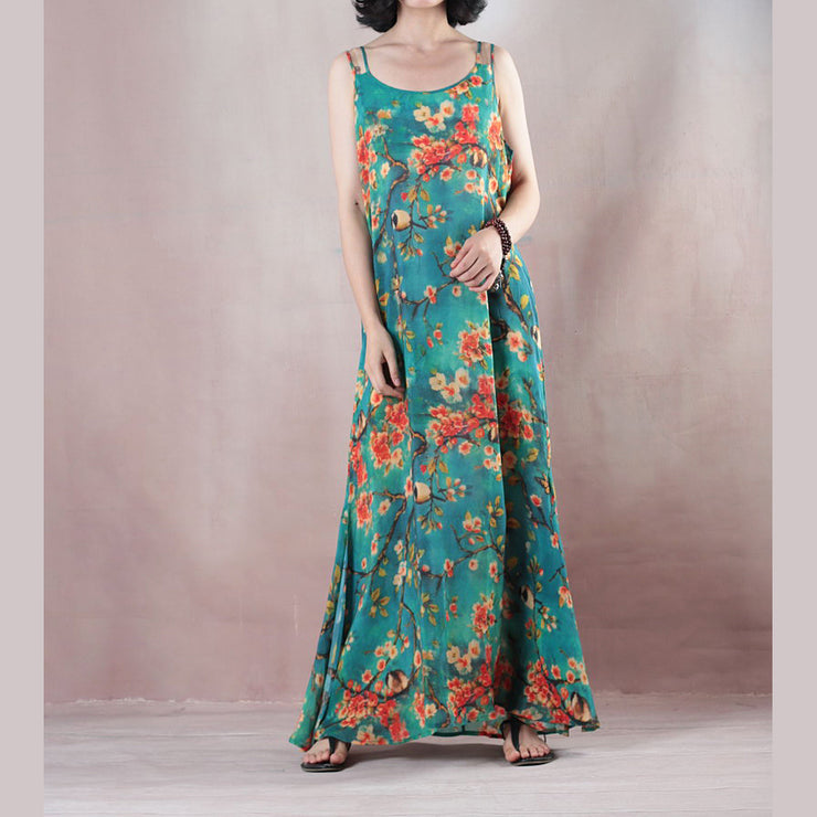 Fine blue summer maxi dress o neck Spaghetti Strap cocktail dress a line skirts floral maxi dresses