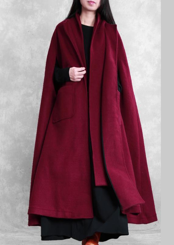 Fine burgundy Woolen Coat Women oversize Winter coat Batwing Sleeve large hem - bagstylebliss