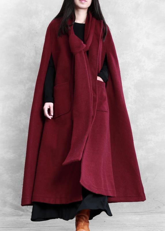 Fine burgundy Woolen Coat Women oversize Winter coat Batwing Sleeve large hem - bagstylebliss