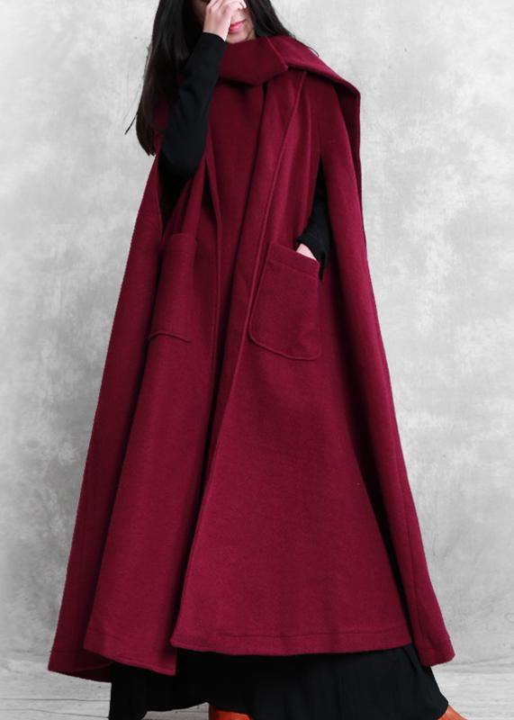 Fine burgundy Woolen Coat Women oversize Winter coat Batwing Sleeve large hem - bagstylebliss