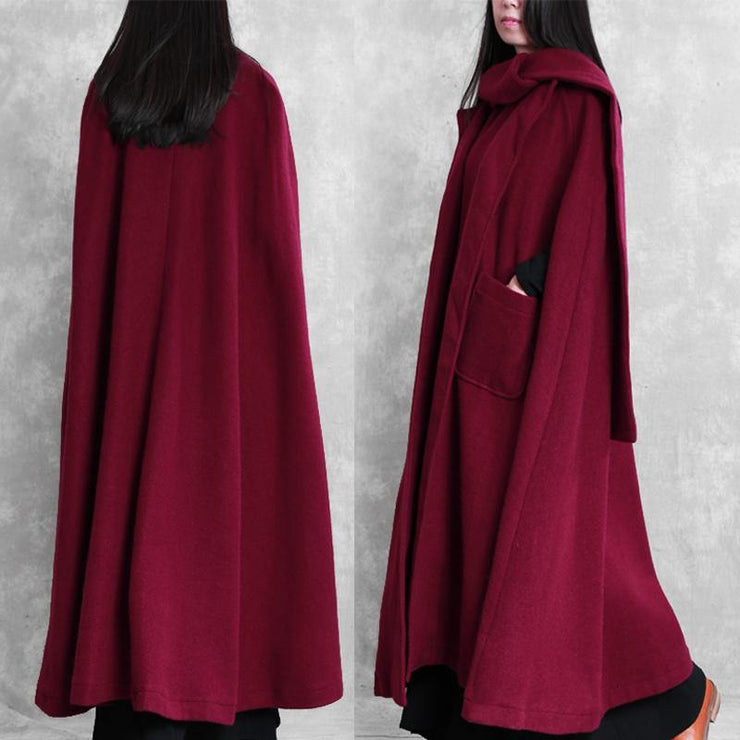 Fine burgundy Woolen Coat Women oversize Winter coat Batwing Sleeve large hem - bagstylebliss