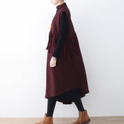 Feine weinrote, lange, trendige Herbstkleider aus Wolle in Übergröße mit Quasten Elegantes Winterkleid mit asymmetrischem Saum