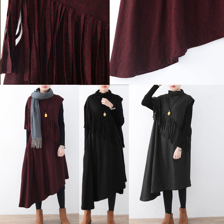 Feine weinrote, lange, trendige Herbstkleider aus Wolle in Übergröße mit Quasten Elegantes Winterkleid mit asymmetrischem Saum