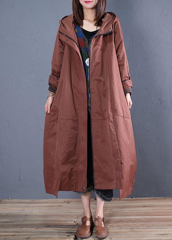 Fine casual long fall brown hooded zippered overcoat - bagstylebliss