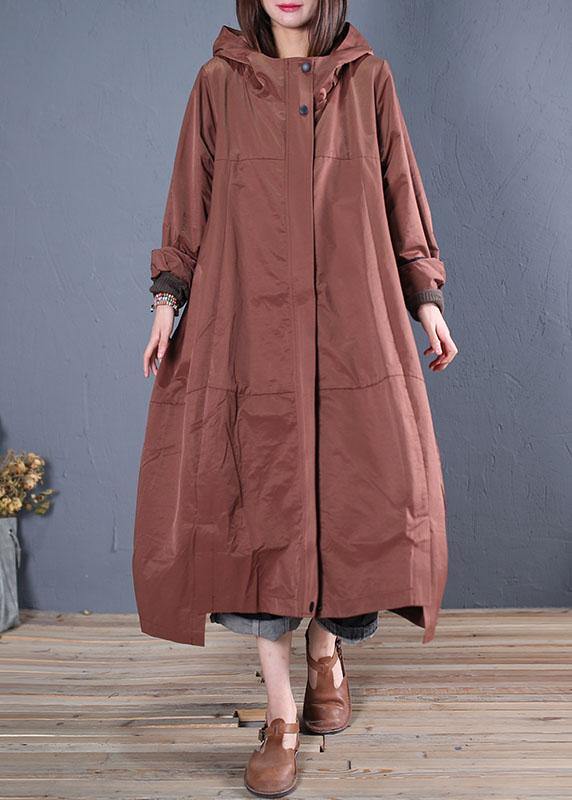 Fine casual long fall brown hooded zippered overcoat - bagstylebliss