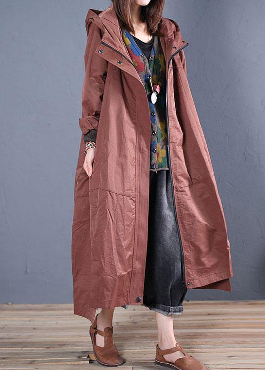 Fine casual long fall brown hooded zippered overcoat - bagstylebliss