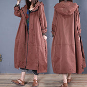 Fine casual long fall brown hooded zippered overcoat - bagstylebliss