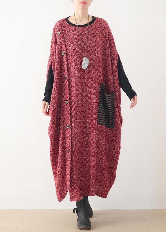 Fine casual long winter dress red o neck asymmetric woolen dress - bagstylebliss