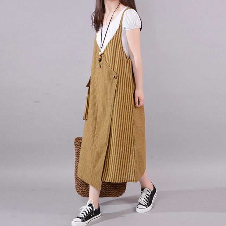 Fine cotton blended summer dress plus size Casual Stripe Big Pocket Loose Suspender Dress