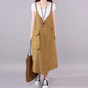 Fine cotton blended summer dress plus size Casual Stripe Big Pocket Loose Suspender Dress