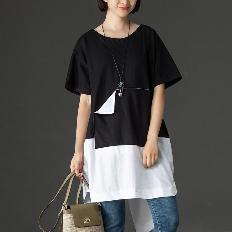 Fine cotton blended tops oversized Black Casual Summer High-low Hem Short Sleeve Women Shirts