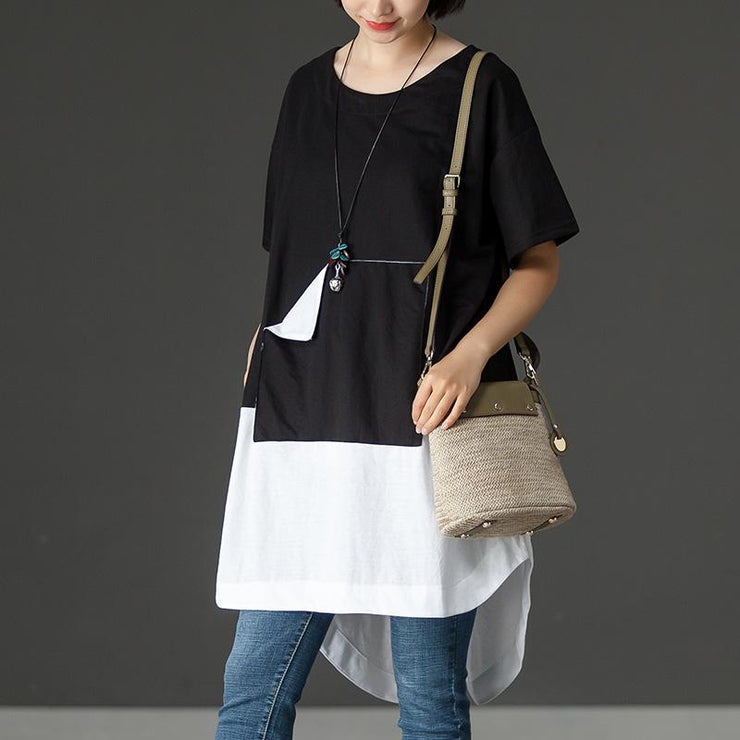 Fine cotton blended tops oversized Black Casual Summer High-low Hem Short Sleeve Women Shirts