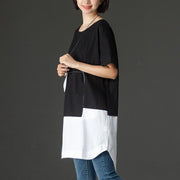 Fine cotton blended tops oversized Black Casual Summer High-low Hem Short Sleeve Women Shirts