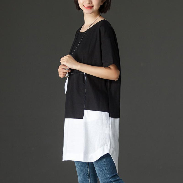 Fine cotton blended tops oversized Black Casual Summer High-low Hem Short Sleeve Women Shirts