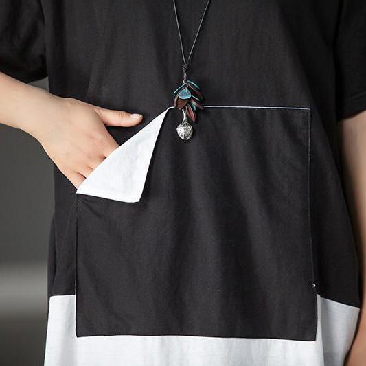 Fine cotton blended tops oversized Black Casual Summer High-low Hem Short Sleeve Women Shirts