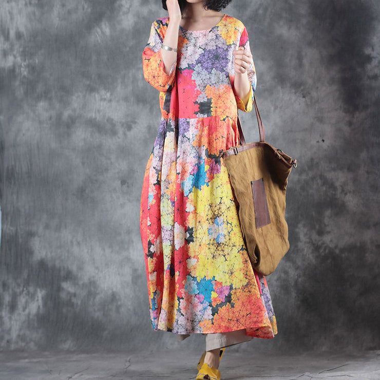 Fine floral long linen dresses casual o neck pockets caftans New half sleeve baggy dresses kaftans