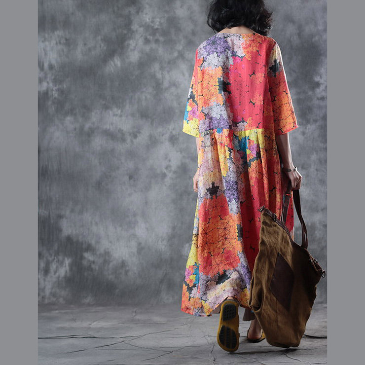 Fine floral long linen dresses casual o neck pockets caftans New half sleeve baggy dresses kaftans