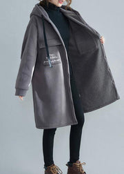 Fine gray embroidery women parka oversize winter jacket hooded pockets outwear - bagstylebliss