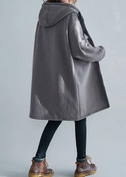 Fine gray embroidery women parka oversize winter jacket hooded pockets outwear - bagstylebliss