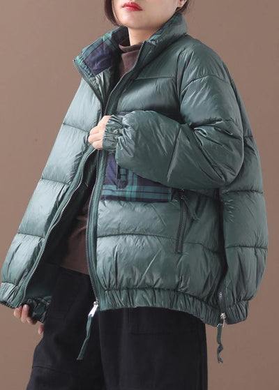 Fine green goose Down coat Loose fitting winter jacket patchwork plaid side zippered Jackets - bagstylebliss