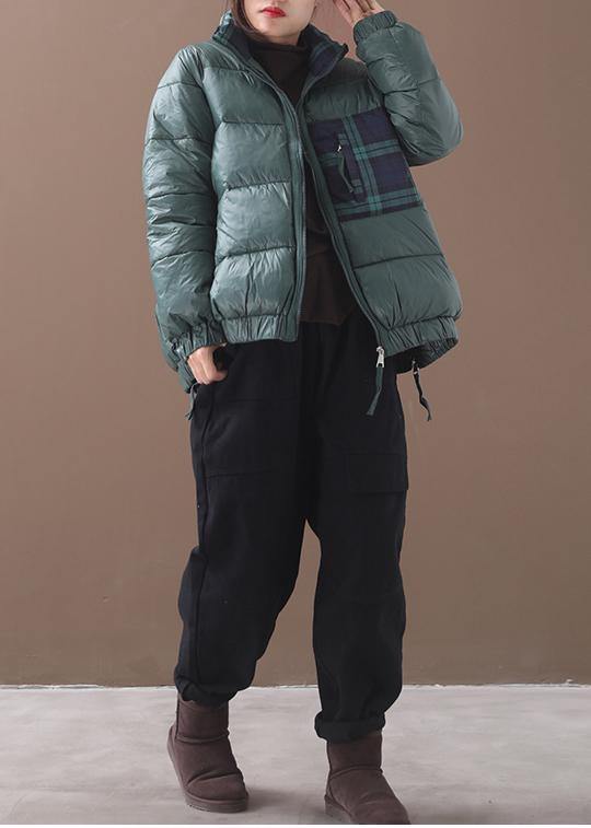 Fine green goose Down coat Loose fitting winter jacket patchwork plaid side zippered Jackets - bagstylebliss