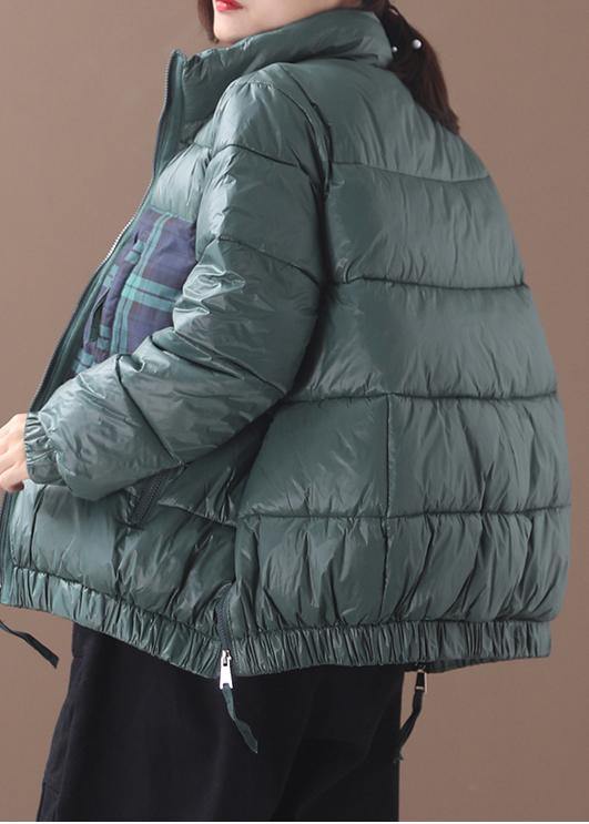 Fine green goose Down coat Loose fitting winter jacket patchwork plaid side zippered Jackets - bagstylebliss