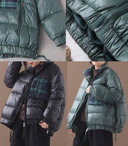 Fine green goose Down coat Loose fitting winter jacket patchwork plaid side zippered Jackets - bagstylebliss