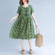 Feines grünes Baumwoll-Leinen-Kleid, übergroßes, kurzärmliges Kleid, lässig, O-Ausschnitt, Baggy-Kleider, Baumwoll-Leinen-Kleidung, Kleid