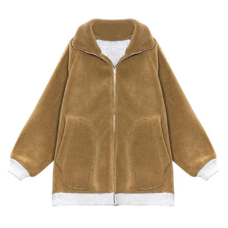 Fine khaki Wool winter jackets lapel zippered women coats - bagstylebliss