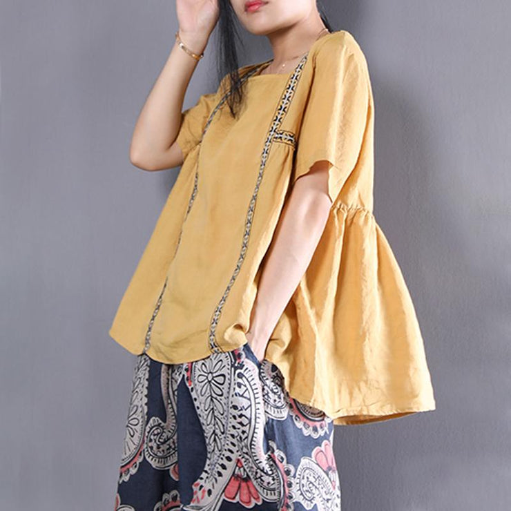 Fine linen blouse plus size Linen Loose Short Sleeve Pullover Casual Embroidery Pleated Blouse