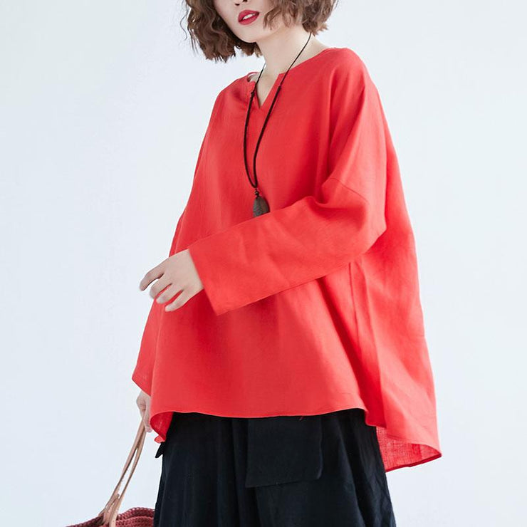 Fine linen tops Loose fitting Loose Irregular Long Sleeve Red Flax Women Tops