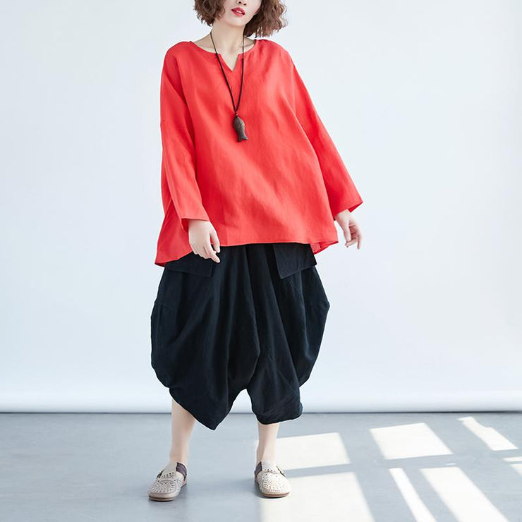 Fine linen tops Loose fitting Loose Irregular Long Sleeve Red Flax Women Tops