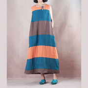 Fine multicolor striped linen maxi dress plus size clothing O neck traveling clothing casual Sleeveless baggy dresses maxi dresses