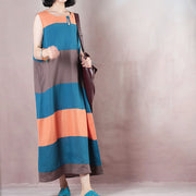 Fine multicolor striped linen maxi dress plus size clothing O neck traveling clothing casual Sleeveless baggy dresses maxi dresses