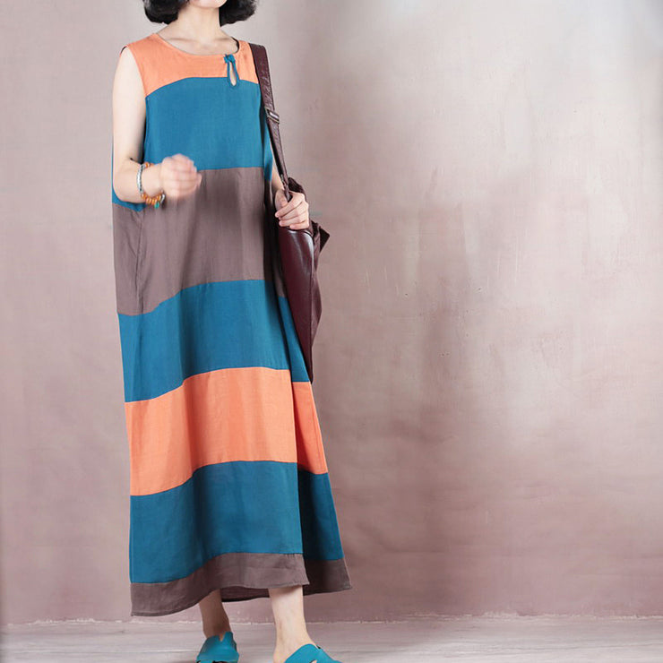 Fine multicolor striped linen maxi dress plus size clothing O neck traveling clothing casual Sleeveless baggy dresses maxi dresses