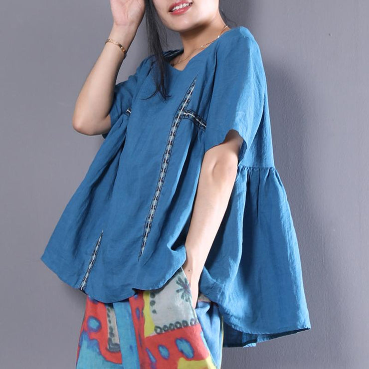 Fine natural linen t shirt plus size Linen Loose Short Sleeve Pullover Casual Embroidery Pleated Blouse