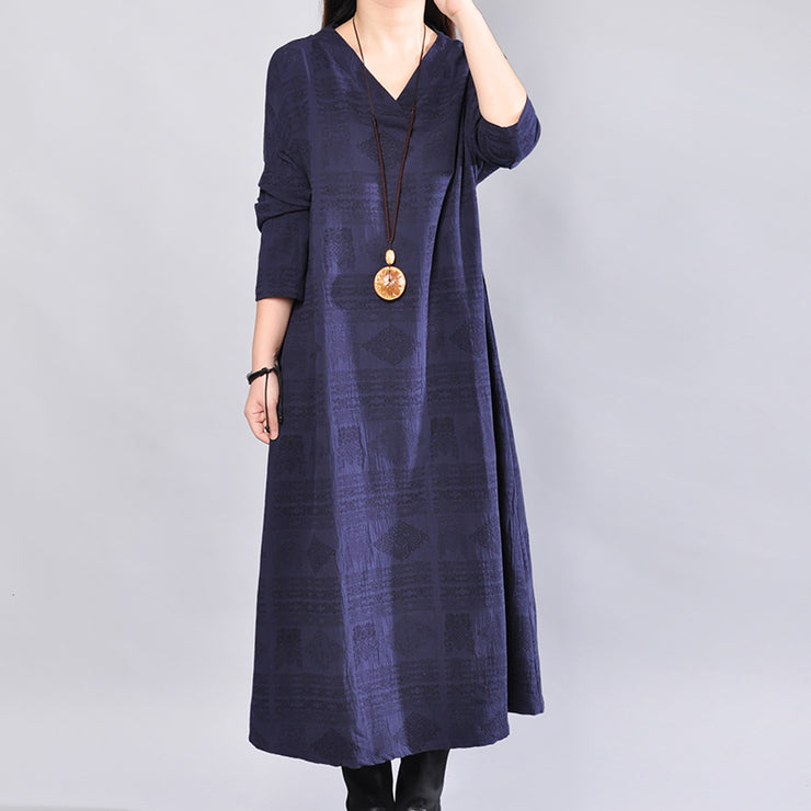 Fine navy linen dress oversize traveling dress casual back side open v neck cotton dress