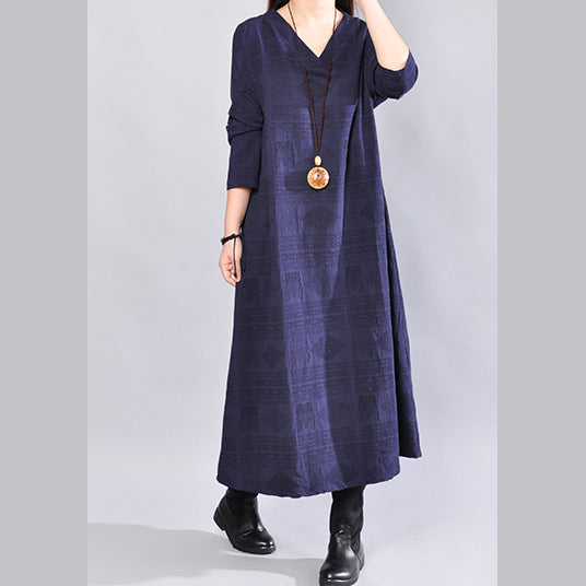 Fine navy linen dress oversize traveling dress casual back side open v neck cotton dress