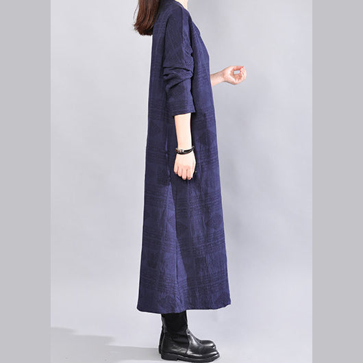 Fine navy linen dress oversize traveling dress casual back side open v neck cotton dress