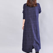 Fine navy linen dress oversize traveling dress casual back side open v neck cotton dress