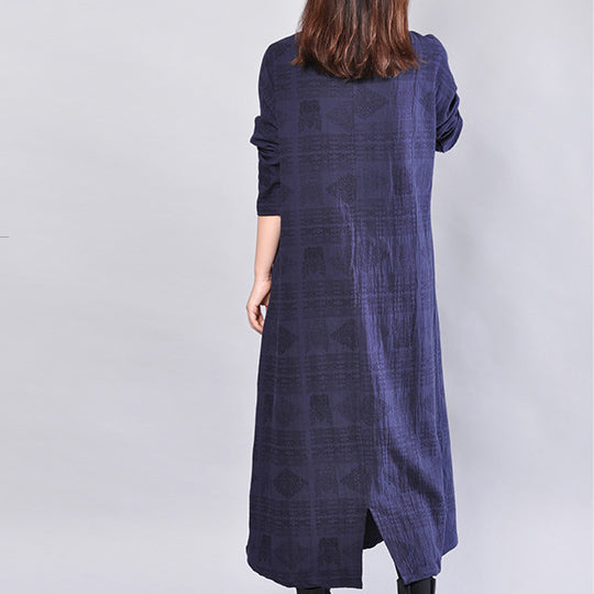 Fine navy linen dress oversize traveling dress casual back side open v neck cotton dress