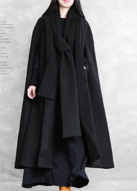 Fine oversize long coat black pockets exra large hem woolen outwear - bagstylebliss