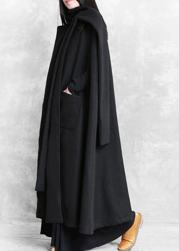 Fine oversize long coat black pockets exra large hem woolen outwear - bagstylebliss