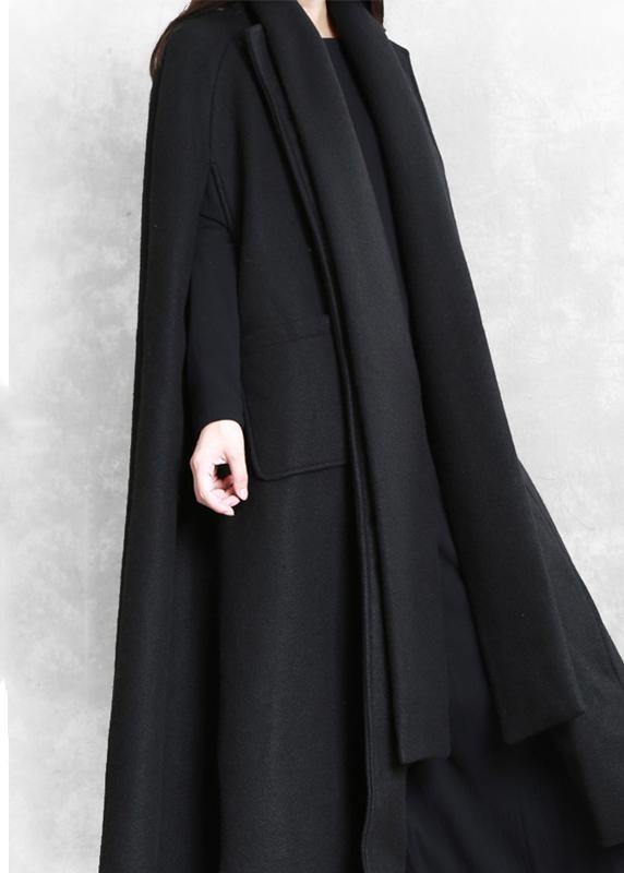 Fine oversize long coat black pockets exra large hem woolen outwear - bagstylebliss