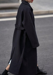Fine oversize long coats  women black Notched tie waist Wool jackets - bagstylebliss